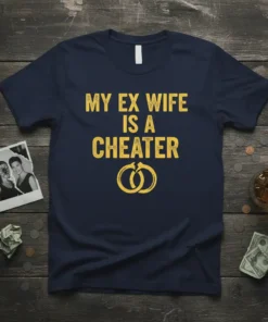Navy blue t-shirt with yellow text "MY EX WIFE IS A CHEATER" and cracked wedding rings graphic