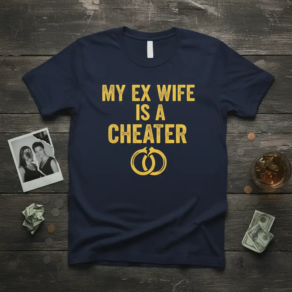 Navy t-shirt with distressed yellow text MY EX WIFE IS A CHEATER and cracked wedding ring graphic