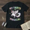 My Farts Are Magical text with a winged unicorn wearing sunglasses and a rainbow fart cloud on a black t-shirt