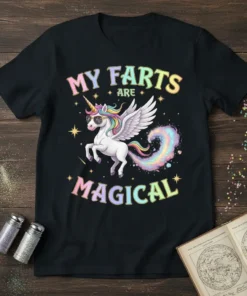 My Farts Are Magical text with a winged unicorn wearing sunglasses and a rainbow fart cloud on a black t-shirt