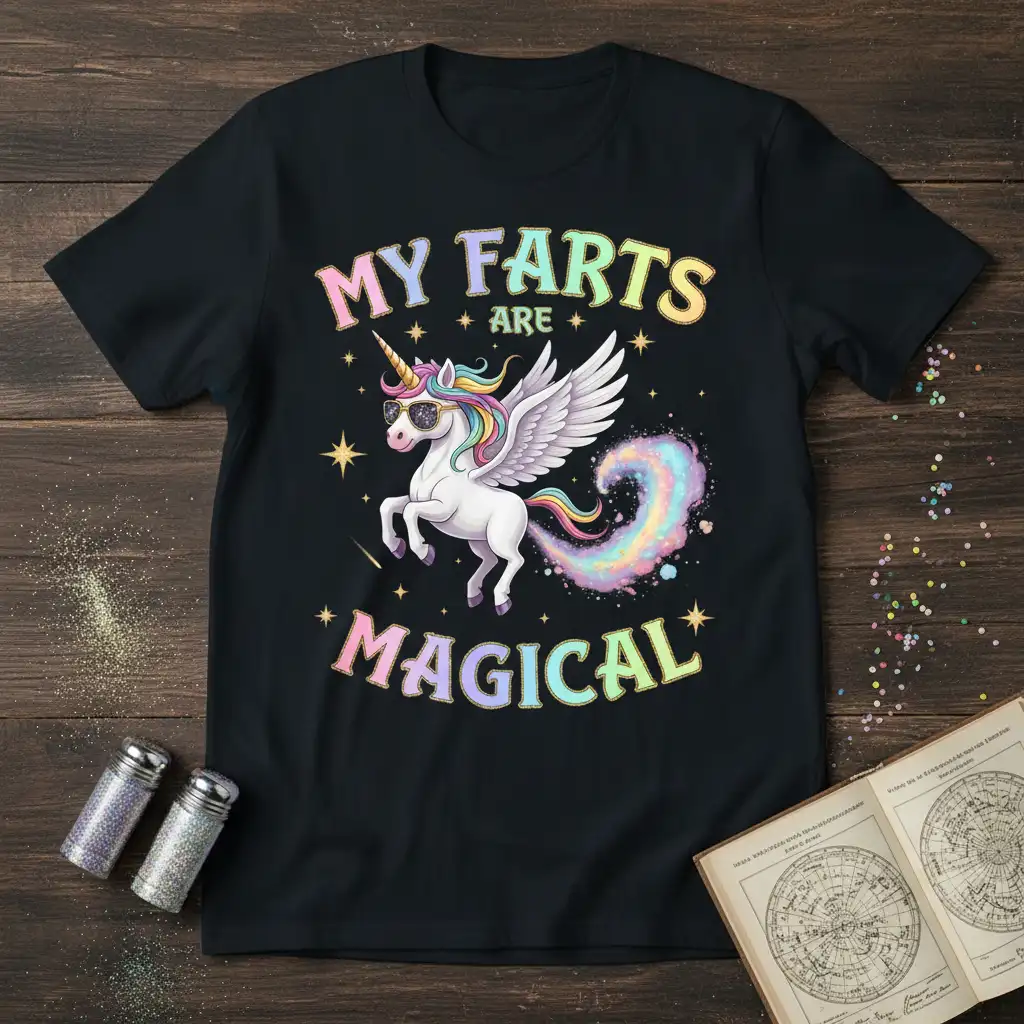 My Farts Are Magical quote on a black tee featuring a winged unicorn with sunglasses and a rainbow fart cloud