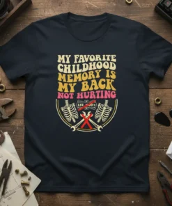 Retro t-shirt design with text "My Favorite Childhood Memory Is My Back Not Hurting" and skeleton graphics with wrenches, Est