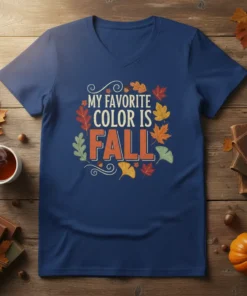 My Favorite Color Is Fall text with autumn leaves graphic on a navy blue t-shirt