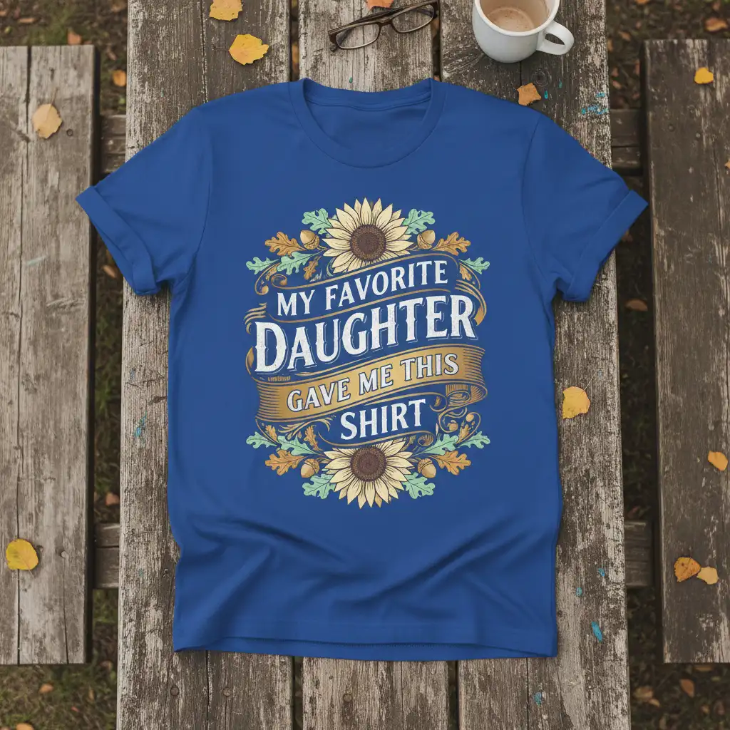 My Favorite Daughter Gave Me This Shirt quote on a blue t-shirt with floral and oak leaf accents