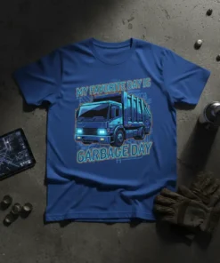 My Favorite Day Is Garbage Day t-shirt with a blue garbage truck graphic and text
