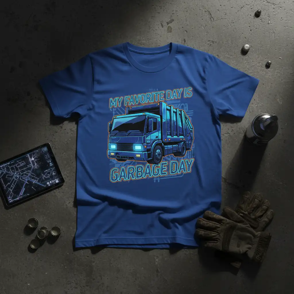 My Favorite Day Is Garbage Day text and graphic of a blue garbage truck on a t-shirt