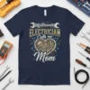 My Favorite Electrician Calls me Mom t-shirt featuring gear heart graphic and stars, navy blue tee