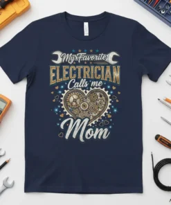 My Favorite Electrician Calls me Mom t-shirt featuring gear heart graphic and stars, navy blue tee