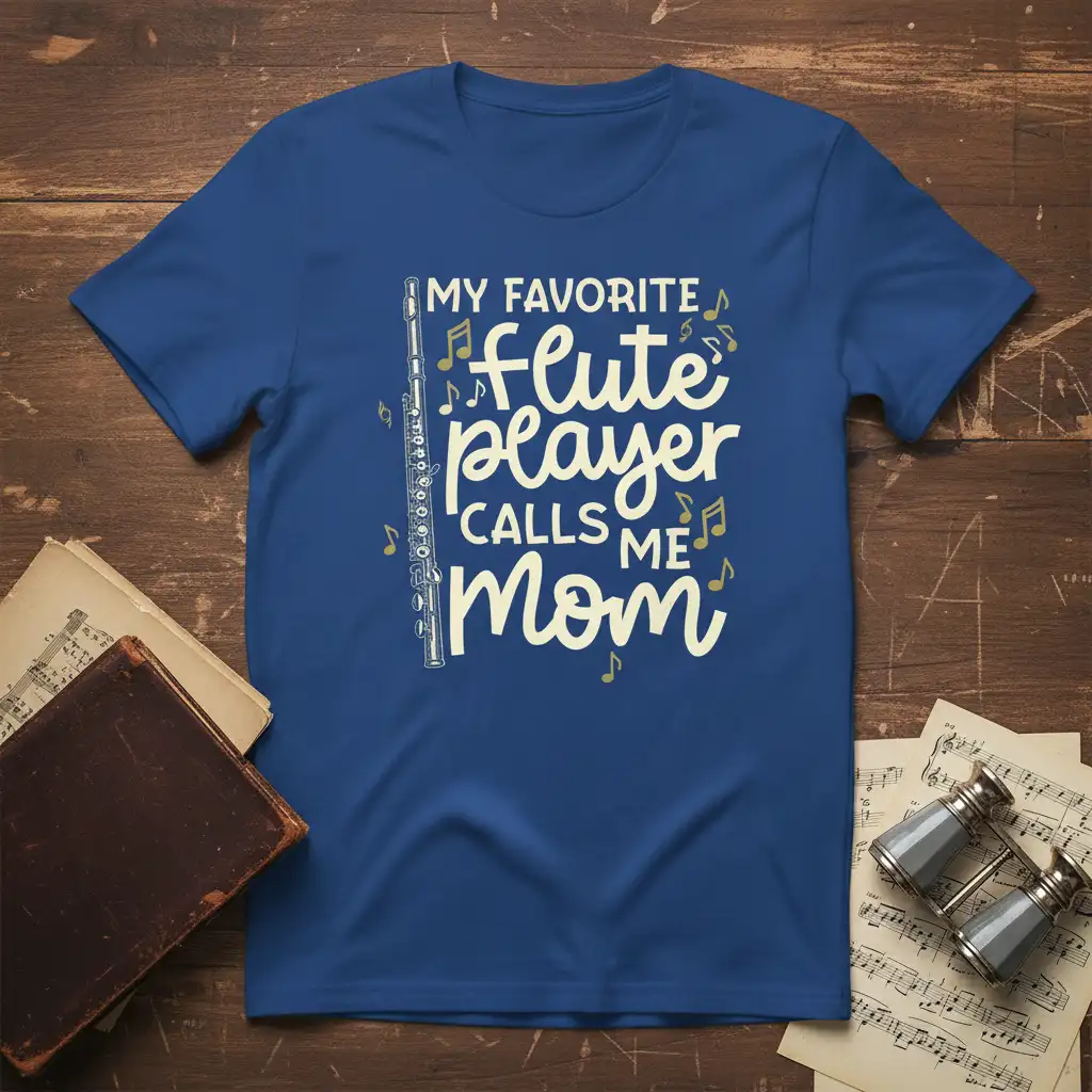 My Favorite Flute Player Calls Me Mom quote t-shirt with flute and music notes graphic