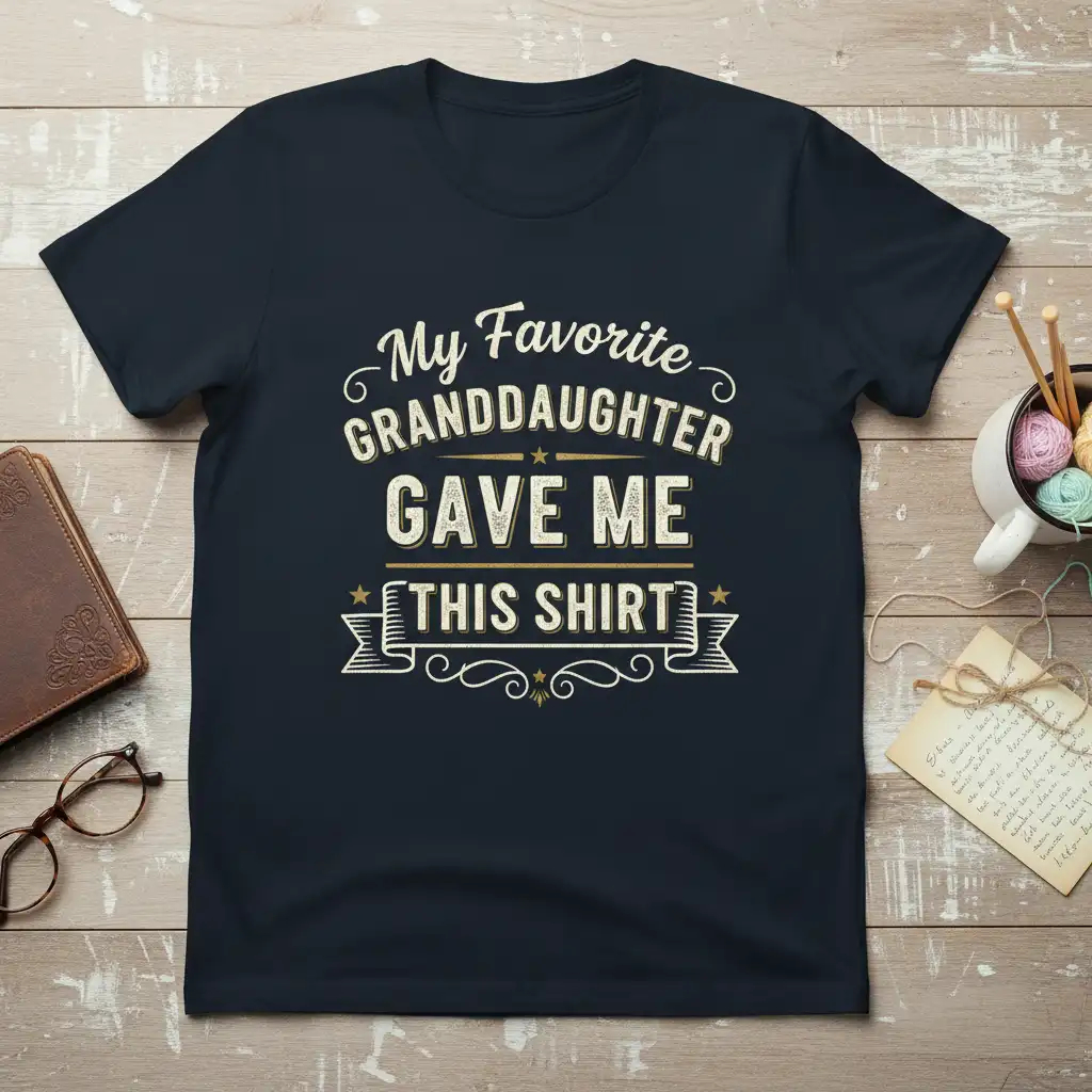 My Favorite Granddaughter GAVE ME THIS SHIRT quote in white and gold typography on a navy t-shirt