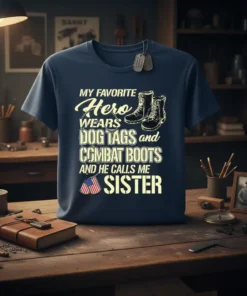 T-shirt design: "My Favorite Hero Wears Dog Tags and Combat Boots and He Calls Me Sister" with combat boots and