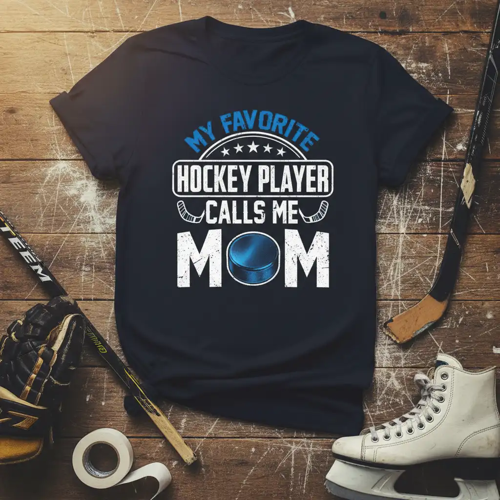 My Favorite Hockey Player Calls Me Mom quote with hockey puck and sticks graphic on a navy t-shirt