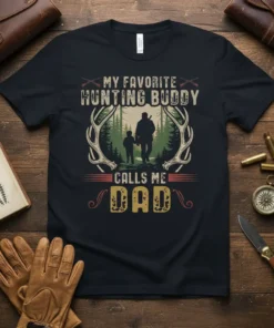 My Favorite Hunting Buddy Calls Me Dad t-shirt with silhouette of father and son hunting in forest scene surrounded by