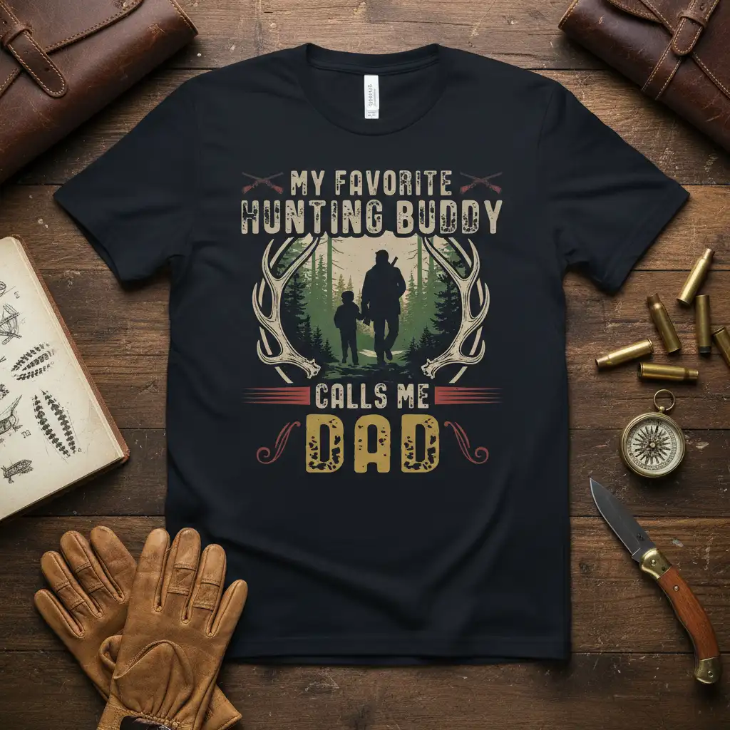 My Favorite Hunting Buddy Calls Me Dad graphic featuring father and son silhouette, forest, antlers, and hunting rifles