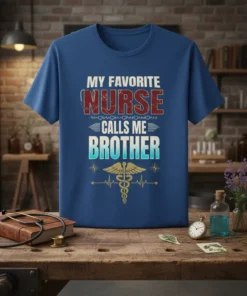 T-shirt with "My Favorite Nurse Calls Me Brother" text, stethoscope graphic, and Caduceus symbol