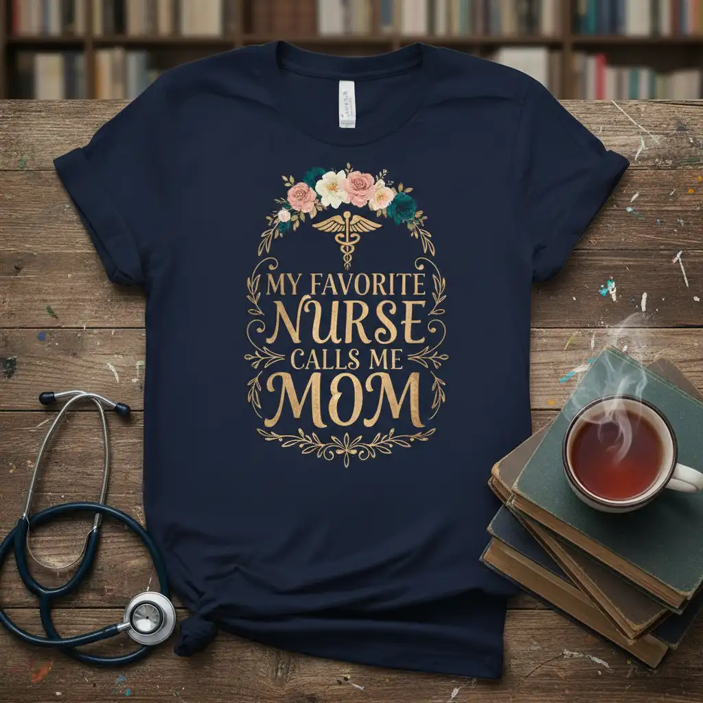 My Favorite Nurse Calls Me Mom quote on t-shirt with floral and Caduceus emblem