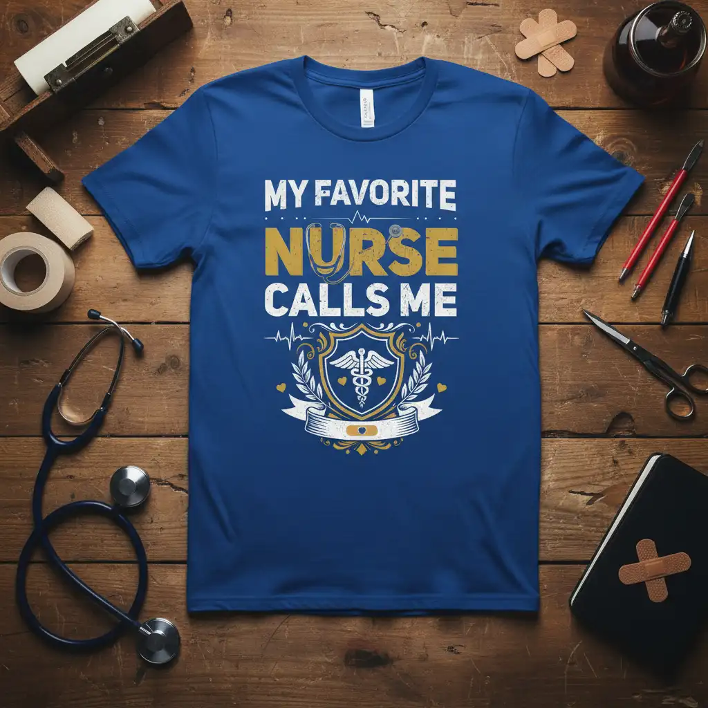 My Favorite Nurse Calls Me quote on a blue t-shirt, featuring medical symbols and stethoscope graphic