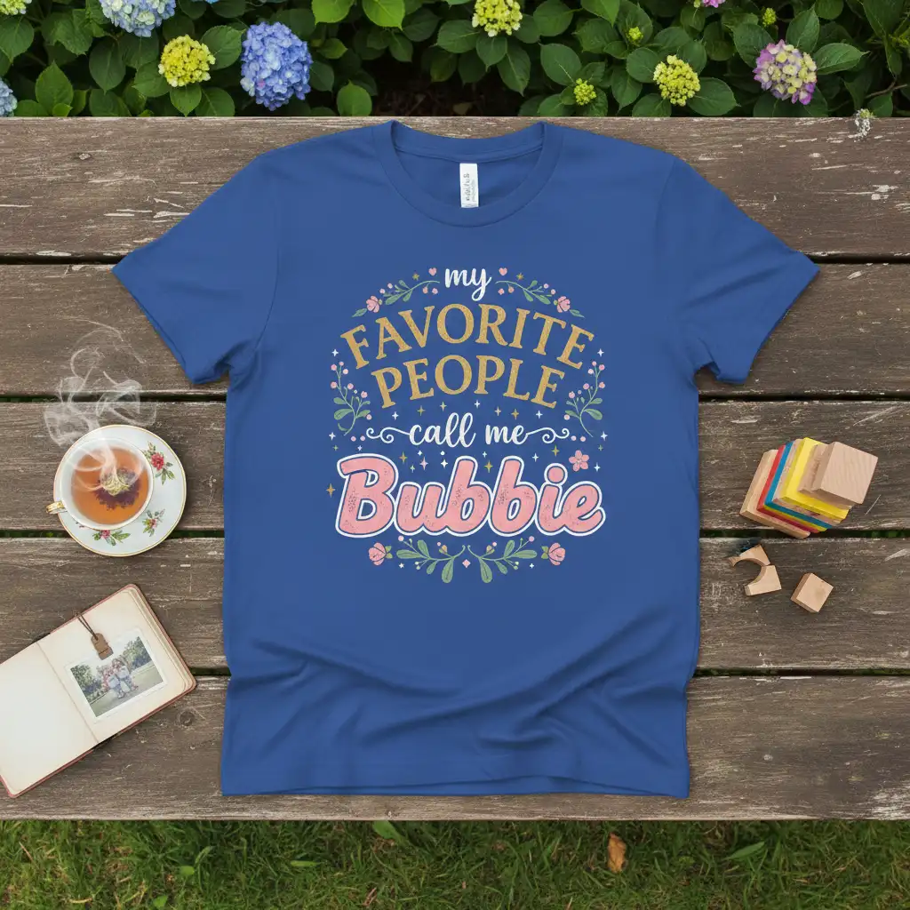 My Favorite People Call Me Bubbie text with floral accents on a royal blue t-shirt