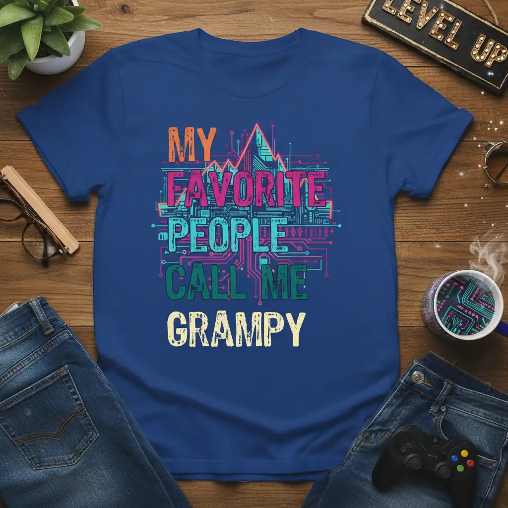 My Favorite People Call Me Grampy phrase on a t-shirt with a tech-inspired circuit board graphic