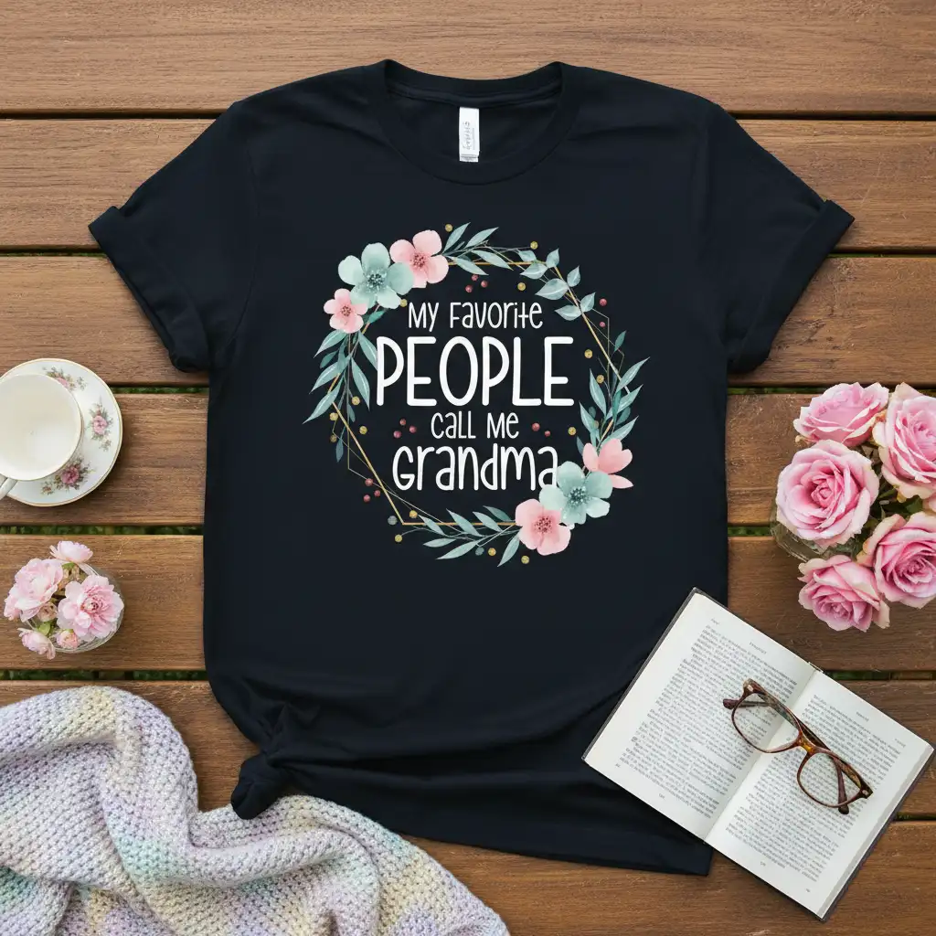 My Favorite People Call Me Grandma quote on a black t-shirt with a floral wreath design