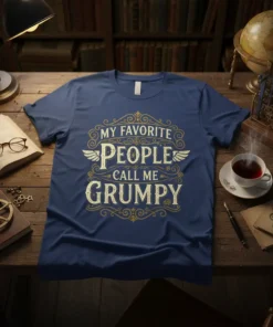 My Favorite People Call Me Grumpy quote in vintage distressed font on a navy blue t-shirt