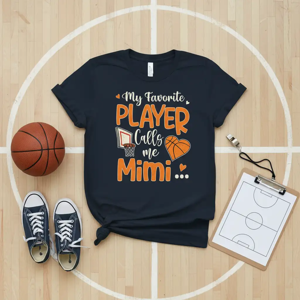 My Favorite PLAYER Calls me Mimi text and graphics on a navy blue t-shirt, perfect for basketball grandmas