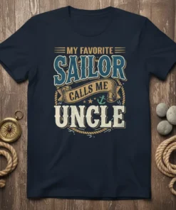 My Favorite Sailor Calls Me Uncle T-Shirt featuring bold typography and nautical graphics, navy color