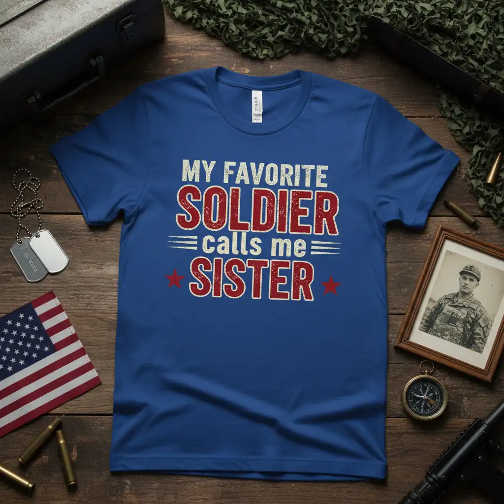 My Favorite Soldier Calls Me Sister patriotic t-shirt with bold distressed typography and red stars