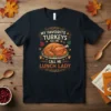 My Favorite Turkeys Call Me Lunch Lady Thanksgiving t-shirt with a roasted turkey graphic and fall leaves