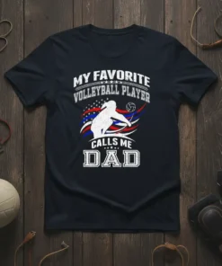 My Favorite Volleyball Player Calls Me Dad t-shirt design with white silhouette of a volleyball player and distressed American flag