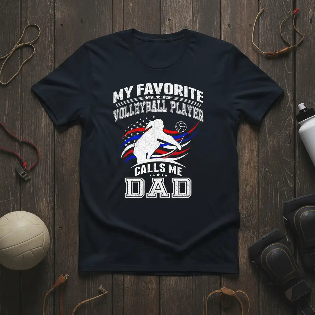 My Favorite Volleyball Player Calls Me Dad text on a navy t-shirt with a volleyball player graphic and distressed flag
