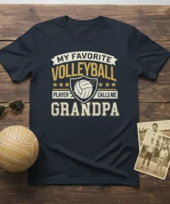 Navy t-shirt with "My Favorite Volleyball Player Calls Me Grandpa" text and volleyball graphic