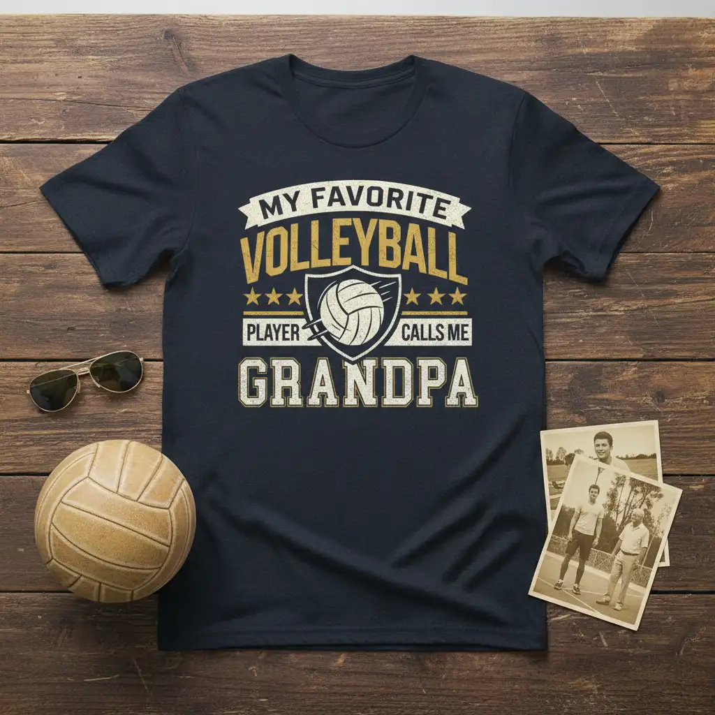 My Favorite Volleyball Player Calls Me Grandpa text design with a volleyball graphic for proud grandpas