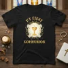 My First Communion t-shirt design featuring a golden chalice and floral wreath with text "MY FIRST COMMUNION"
