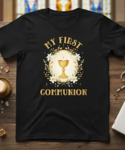 My First Communion t-shirt design featuring a golden chalice and floral wreath with text "MY FIRST COMMUNION"