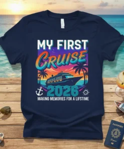 My First Cruise 2026 Making Memories For A Lifetime t-shirt design with cruise ship, palm trees, and sunset