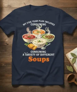 T-shirt design with text "My Five Year Plan Includes Consuming A Variety Of Different Soups" above bowls of soup