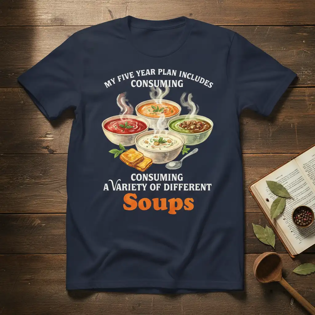 My Five Year Plan Includes Consuming A Variety Of Different Soups quote on a t-shirt with soup bowls graphic