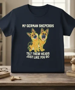 My German Sheperds Tilt Their Heads Just Like You Do quote with two cartoon German Shepherds sitting and looking up
