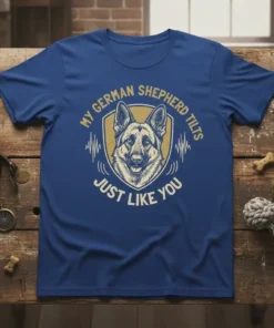 My German Shepherd Tilts Just Like You text with German Shepherd dog face graphic on blue t-shirt