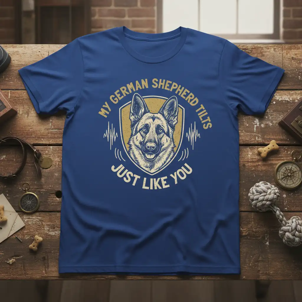 My German Shepherd Tilts Just Like You quote with German Shepherd head graphic on blue tee