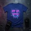 My GF Bites gothic t-shirt design with dripping pink and blue text and vampire fangs graphic