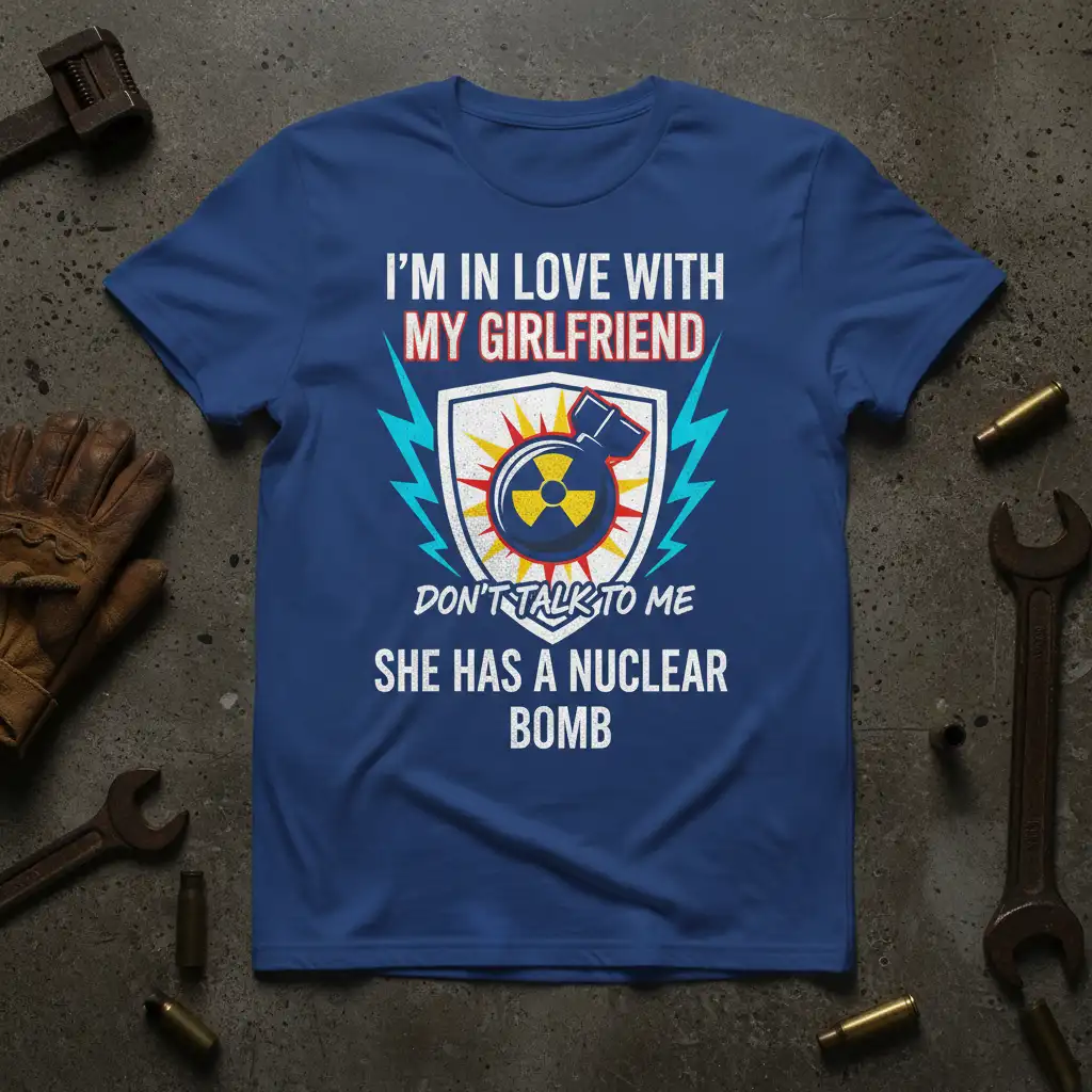 I'm In Love With My Girlfriend Don't Talk To Me She Has A Nuclear Bomb quote on a t-shirt with nuclear bomb