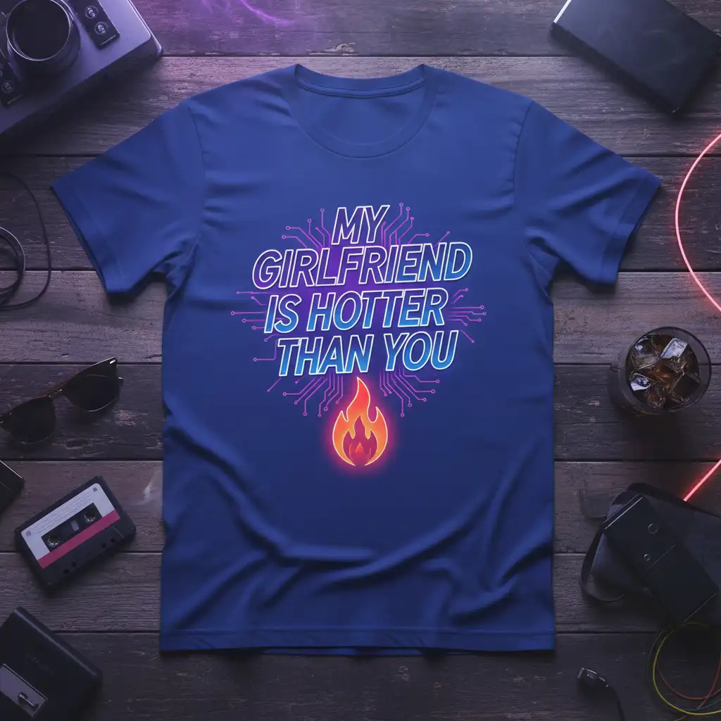 My Girlfriend Is Hotter Than You quote with flame graphic and digital circuit design on a blue tee