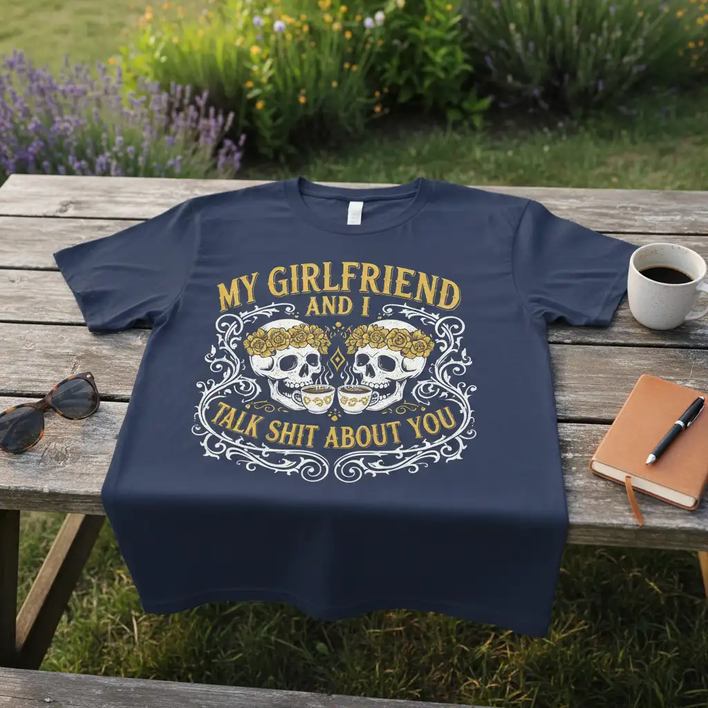 My Girlfriend and I Talk Shit About You funny couple quote design with skulls and coffee cups