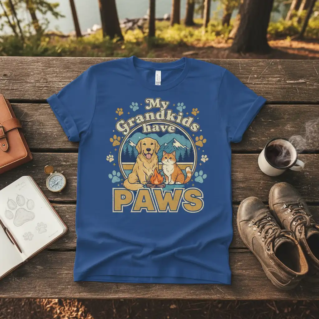 My Grandkids have PAWS text with dog and cat camping graphic on a blue t-shirt