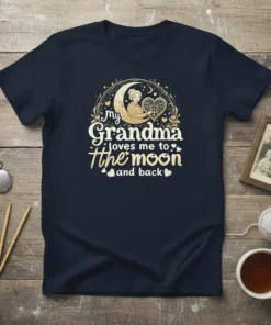 T-shirt with text "my Grandma loves me to the moon and back" featuring a crescent moon, a heart, and a