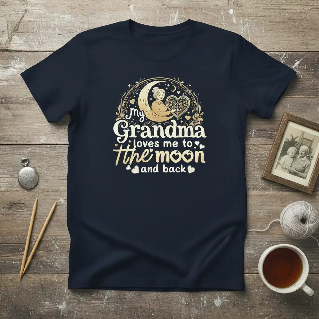 My Grandma Loves Me To The Moon and Back quote with moon and heart graphic on a t-shirt