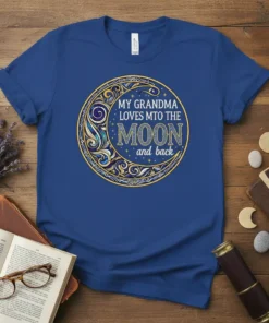 My Grandma Loves MTO The Moon and back quote on a blue t-shirt with a decorative moon graphic