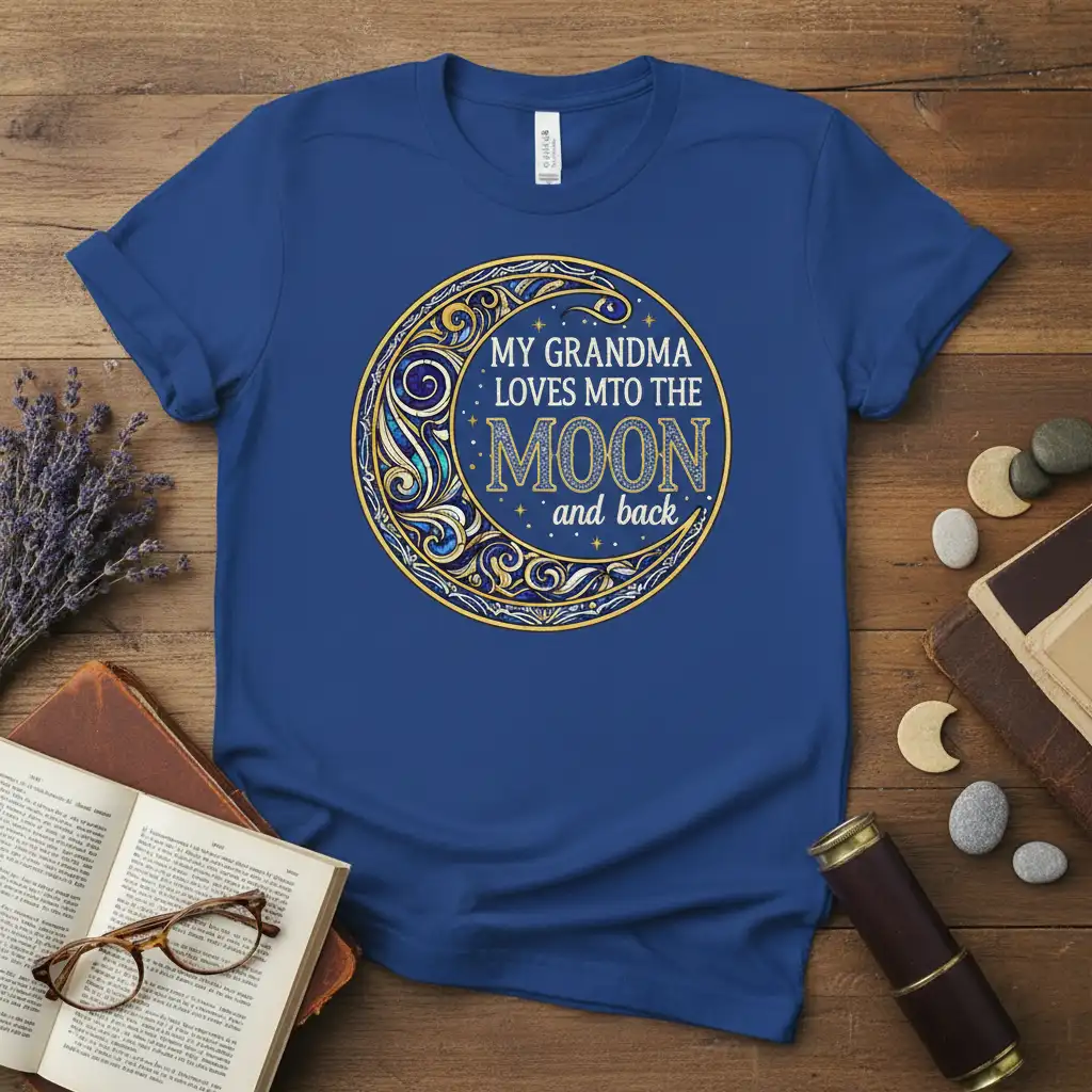 My Grandma Loves MTO The Moon and back quote with ornate moon graphic on a blue tee
